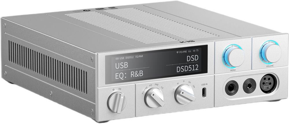 Przetwornik C/A FIIO K15 z mikrokontrolerem ESP32-S3, procesorem Xtensa 32-bit LX7 i taktowaniem do 240 MHz, urządzenie na białym tle