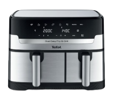Frytkownica beztłuszczowa z dwoma uchwytami i panelem dotykowym z wyświetlaczami pokazującymi temperatury 200°C i 140°C. Widoczne logo: Tefal.