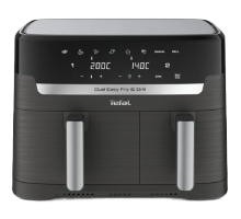 Frytkownica beztłuszczowa z dwoma uchwytami i panelem dotykowym z wyświetlaczem temperatury i ikonami. Widoczne logo: Tefal.