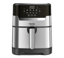 Srebrna frytkownica beztłuszczowa z czarnym panelem dotykowym na górze, wyświetlającym temperaturę 200. Na panelu widoczne są różne ikony trybów gotowania oraz logo Tefal poniżej.