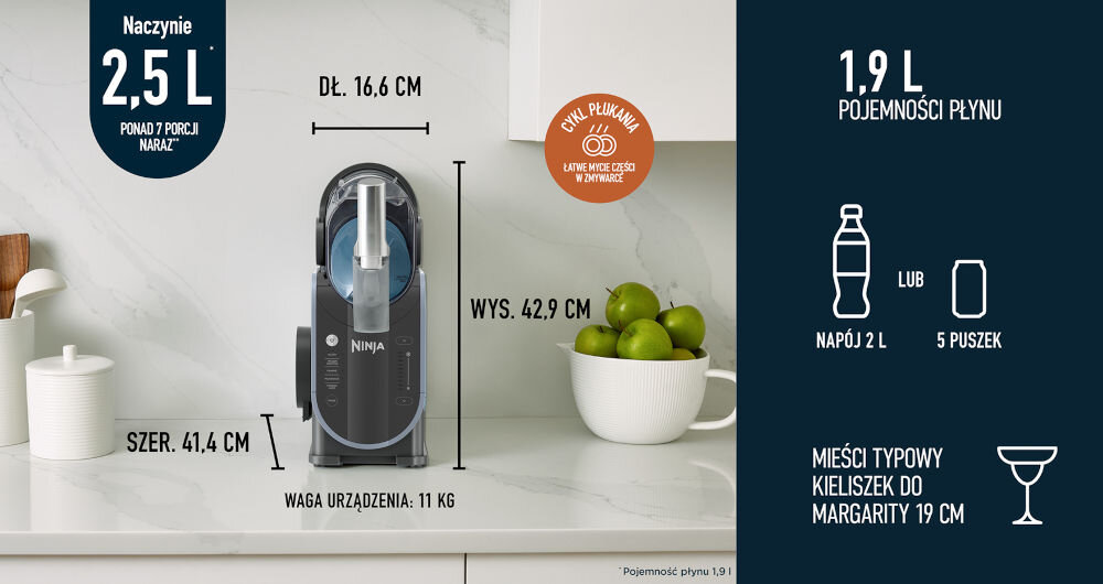 Maszynka do slushy NINJA Slushi FS301EU pojemność 1,9 litra maksymalna pojemność 2,5 litra kilka porcji napoju dla całej rodziny wymiary szerokość 41,4 cm długość 16,6 cm wysokość 42,9 cm waga 11 kg