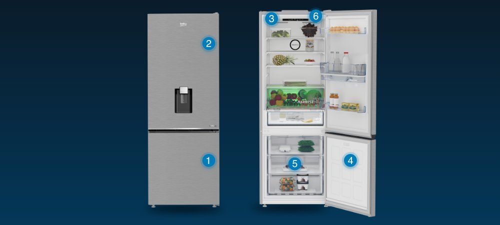 LODÓWKA BEKO B3RCNE564HDXB wizualizacja pukty wyróżniki Wyświetlacz elektroniczny Minimalistyczny design wygląd platynowy Oświetlenie Led szuflady mrożenie półka na wino napoje