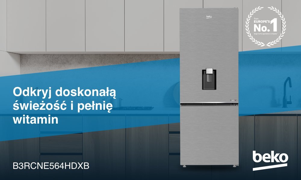 LODÓWKA BEKO B3RCNE564HDXB wizualizacja lifestyle marka logo lodówka model kuchnia w tle front zamknięta kolor platynowy wysokość 186,5 cm