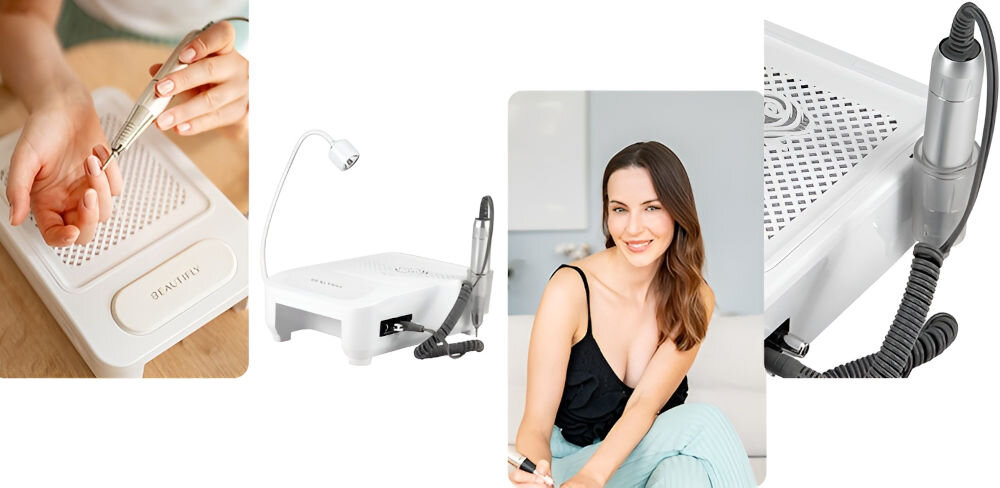 Frezarka do paznokci, lampa, pochłaniacz 4w1 BEAUTIFLY Glamora multifunkcyjne urządzenie funkcje frezarki polerka do paznokci i skórek lampa UV/LED pochłaniacz pyłu wszechstronność profesjonalne salony domowe warunki perfekcyjny manicure i pedicure niezbędne funkcje ułatwienie przyspieszenie pracy