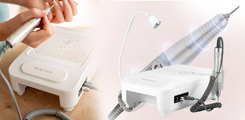 Frezarka do paznokci, lampa, pochłaniacz 4w1 BEAUTIFLY Glamora efektywne stylizowanie paznokci dostosowanie tempa pracy delikatne opracowanie płytki paznokcia usuwanie hybrydowej żelowej masy maksymalny komfort płynność działania perfekcyjne efektywne zabiegi