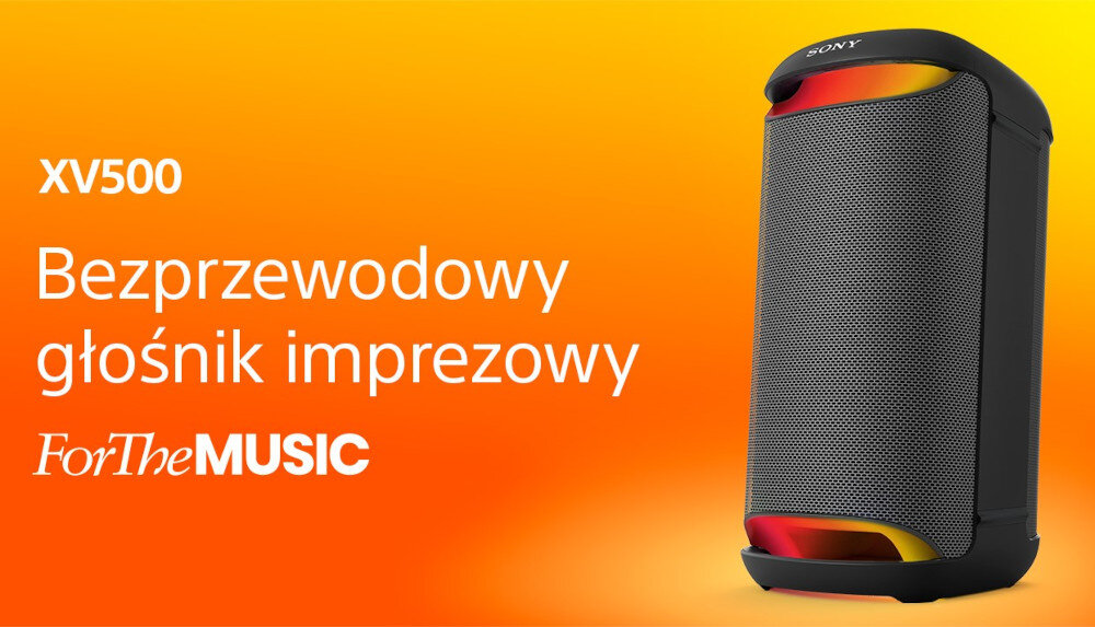 Obraz przedstawia bezprzewodowy głośnik imprezowy z napisem \'XV500 Bezprzewodowy głośnik imprezowy ForTheMUSIC\' na pomarańczowym tle. Głośnik ma ciemną obudowę z widocznym logo \'SONY\'.