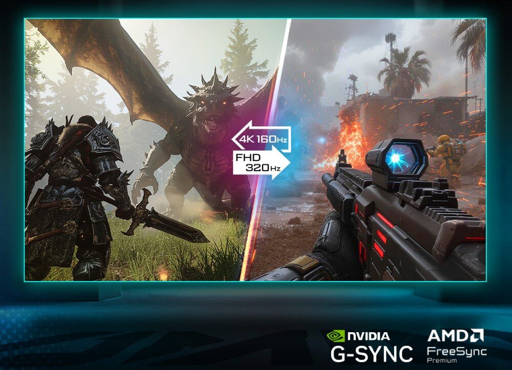 Monitor GIGABYTE M27UP Podzielony ekran zestawia szczegółową grafikę w grze fantasy w 4K z płynną rozgrywką strzelankową w trybie FHD, przekątna, rozdzielczość, funkcja Dual Mode, matryca