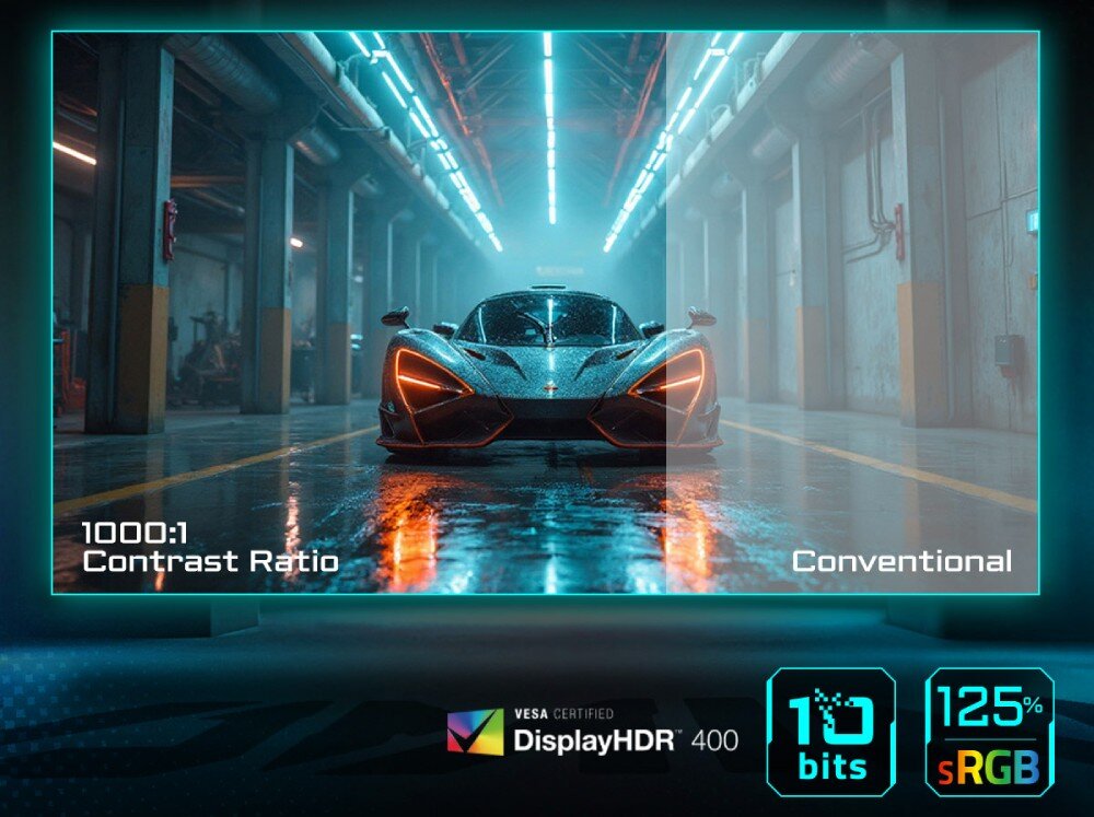 Monitor GIGABYTE M27UP Porównanie jakości obrazu na przykładzie samochodu sportowego, gdzie lewa strona z HDR i wysokim kontrastem jest wyraźna, a prawa wyblakła, kolory, odwzorowanie barw, kontrast, jasność