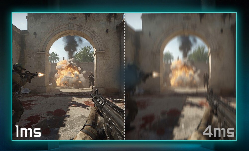 Monitor GIGABYTE M27UP Scena z gry podzielona na dwie części, z których lewa oznaczona '1ms' jest ostra, a prawa oznaczona '4ms' jest rozmyta, czas reakcji, synchronizacja