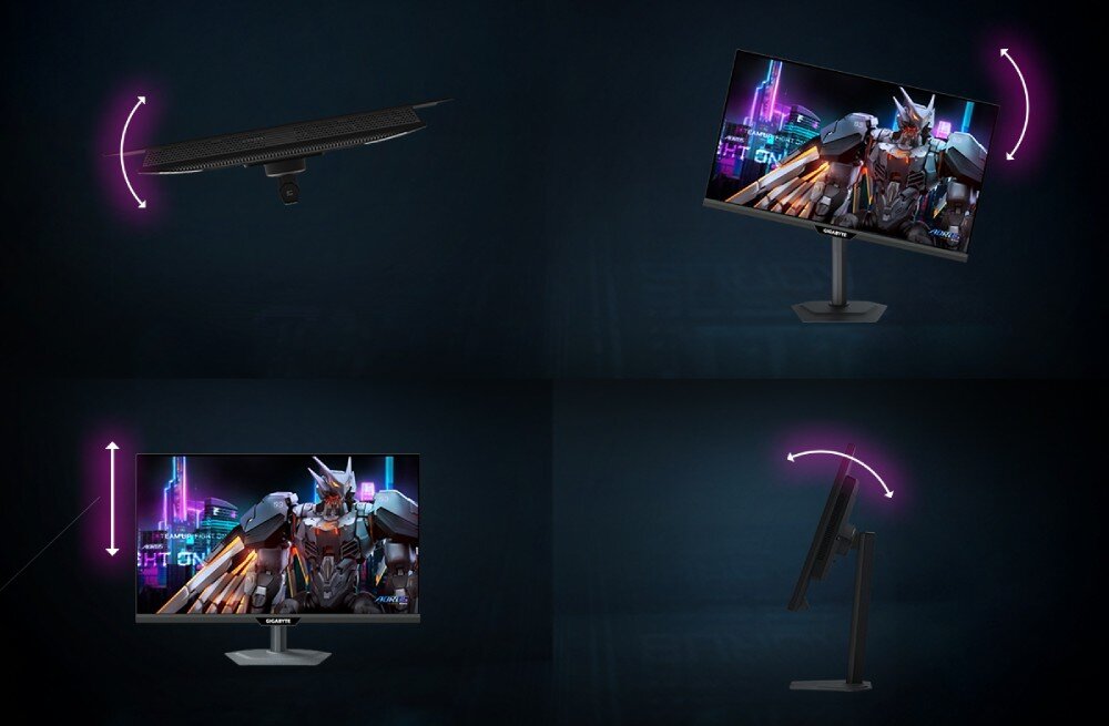 Monitor GIGABYTE M27UP Kolaż czterech zdjęć pokazujący możliwości ergonomicznej regulacji ekranu w pionie, poziomie oraz zmianę kąta nachylenia i wysokości, podstawa, regulacja, głośniki