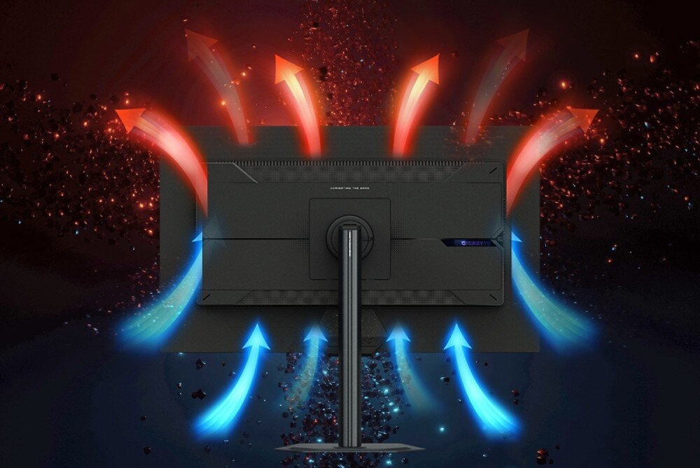 Monitor GIGABYTE M27UP Tył monitora z narysowanymi strzałkami obrazującymi system wentylacji odprowadzający ciepłe powietrze ku górze, chłodzenie, wentylacja
