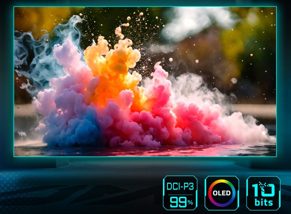 Monitor GIGABYTE MO27Q2A Na pierwszym planie ekran z kolorową chmurą dymu w odcieniach niebieskiego, różu i pomarańczu, w tle ciemna obwódka imitująca ramkę