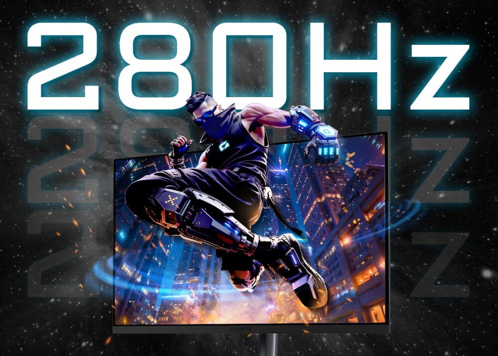 Monitor GIGABYTE MO27Q2A Na pierwszym planie monitor z dynamiczną grafiką skaczącej postaci, w tle wielkie cyfry '280Hz' na kosmicznym, ciemnym tle z rozsianymi drobinami światła
