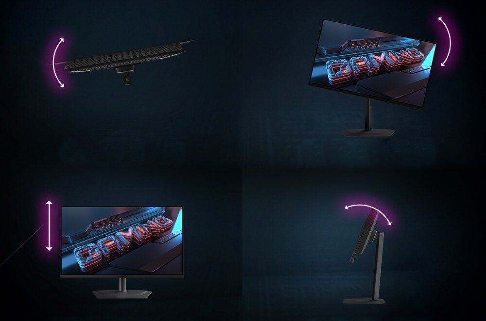 Monitor GIGABYTE MO27Q2A Na pierwszym planie cztery ujęcia tego samego monitora pokazujące zakres ruchów podstawy i ekranu, w tle jednolite, ciemne tło