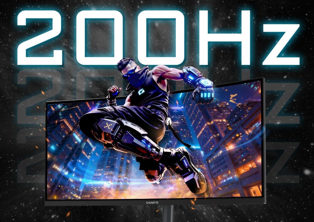 Monitor GIGABYTE G34WQC2 zakrzywiony ekran z dynamiczną grafiką postaci w futurystycznym stroju i dużym napisem '200Hz' nad ekranem