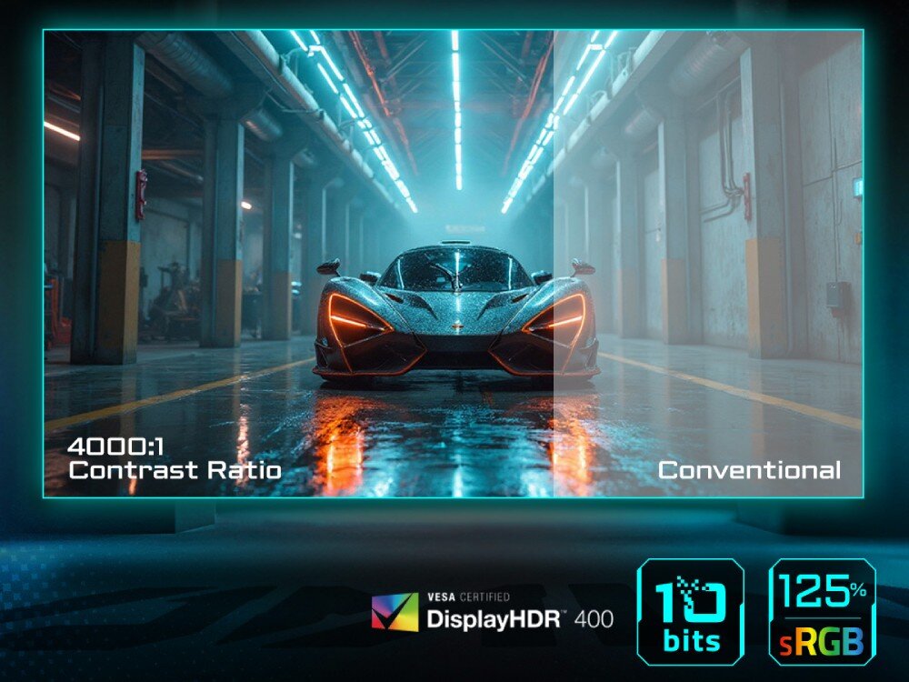 Monitor GIGABYTE G34WQC2 ekran z obrazem samochodu sportowego w hangarze, pokazujący porównanie kontrastu z podpisami '4000:1 Contrast Ratio' i 'Conventional', na dole ikony HDR, 10 bitów i 125% sRGB