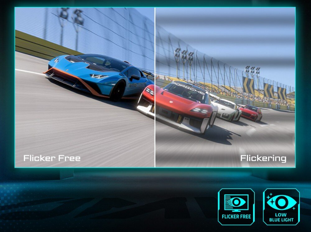 Monitor GIGABYTE G34WQC2 ekran z wyścigowymi samochodami, porównanie efektu migotania z podpisami 'Flicker Free' i 'Flickering', na dole ikony trybów ochrony wzroku