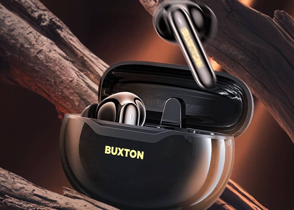 Słuchawki dokanałowe BUXTON BTW 7200 Tuya aplikacja Tuya Smart korektor dźwięku lokalizacja słuchawek personalizacja, słuchawki z etui ładującym na brązowym tle