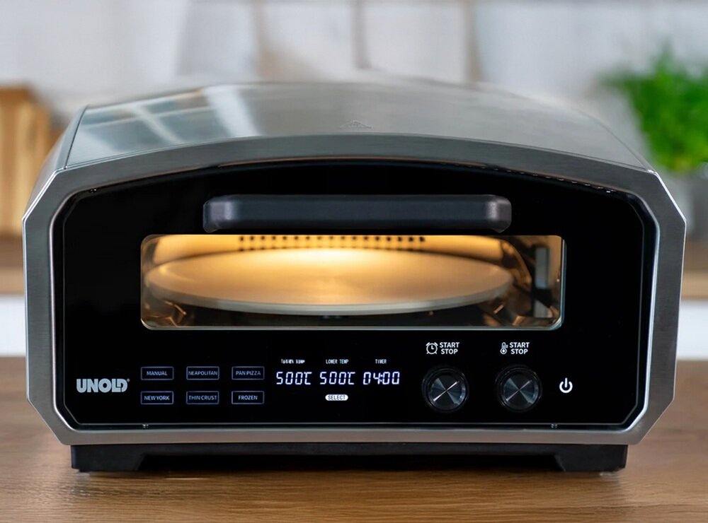 Piec do pizzy UNOLD Enzo 68916 komfort i bezpieczeństwo, bezpieczne korzystanie, potrójnie przeszklone drzwi, termiczna izolacja, nienagrzewająca się rączka, bez ryzyka oparzeń