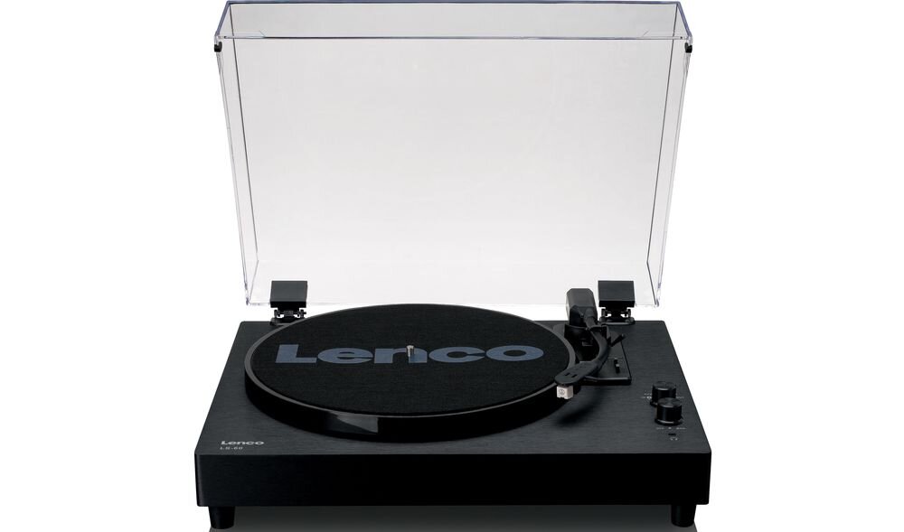Gramofon LENCO LS-60 stylowa drewniana obudowa i dźwięk Bluetooth, gramofon od frontu na białym tle