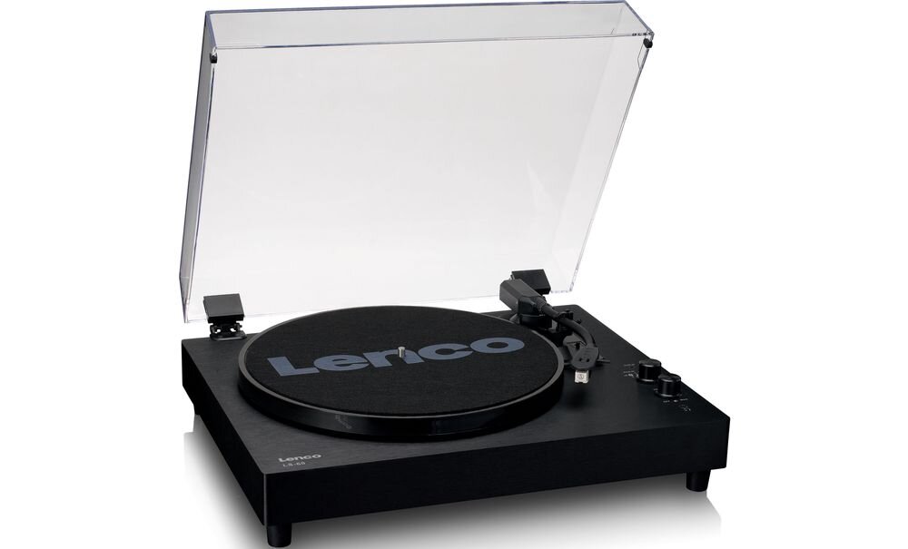Gramofon LENCO LS-60 MDF wzmacniacz głośniki wkładka AT-3600 MMC, gramofon po skosie na białym tle