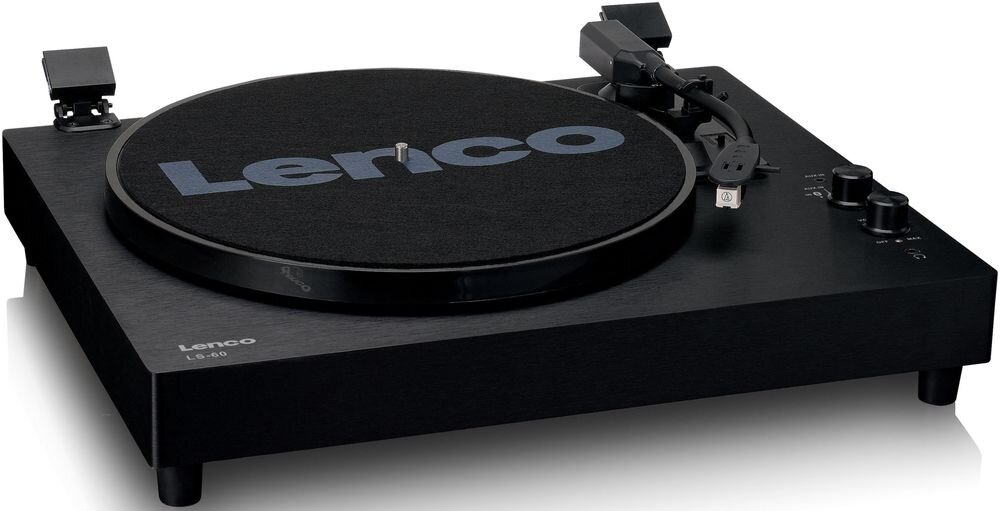 Gramofon LENCO LS-60 napęd paskowy 33 45 78 RPM Autostop, gramofon po skosie na białym tle