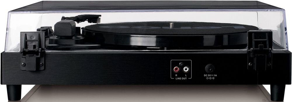 Gramofon LENCO LS-60 wymiary 410x65x325 mm waga 2.5 kg pobór mocy 5W, gramofon od tyłu na białym tle