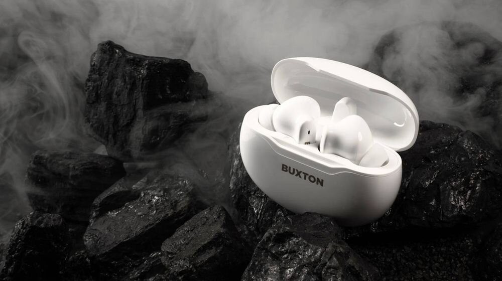 Słuchawki dokanałowe BUXTON BTW 7200 Tuya aplikacja Tuya Smart korektor dźwięku lokalizacja słuchawek personalizacja, słuchawki z etui ładującym stojące na węglu