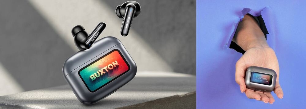 Słuchawki dokanałowe BUXTON BTW 9600 Wingate ANC bezprzewodowe TWS z aktywną redukcją szumów i etui Smart Case, ręka trzymająca etui ładujące w ręku