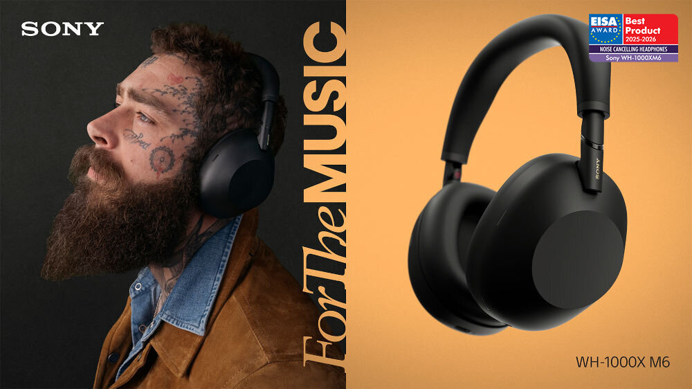 Obraz przedstawia osobę noszącą czarne słuchawki nauszne z logo SONY oraz sam produkt na pomarańczowym tle. Widoczny jest tekst \'For The Music\' oraz oznaczenie modelu WH-1000XM6, a także nagroda EISA Award 2023-2024 dla słuchawek z redukcją szumów.