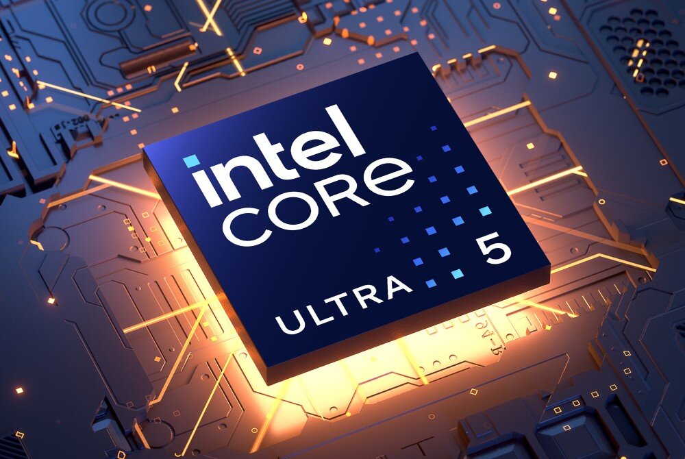 Komputer All in One HP ProStudio 4 G1i Zbliżenie na procesor Intel Core Ultra 7 umieszczony na niebieskiej płytce drukowanej ze złotymi ścieżkami przewodzącymi, procesor, rdzenie, wydajność