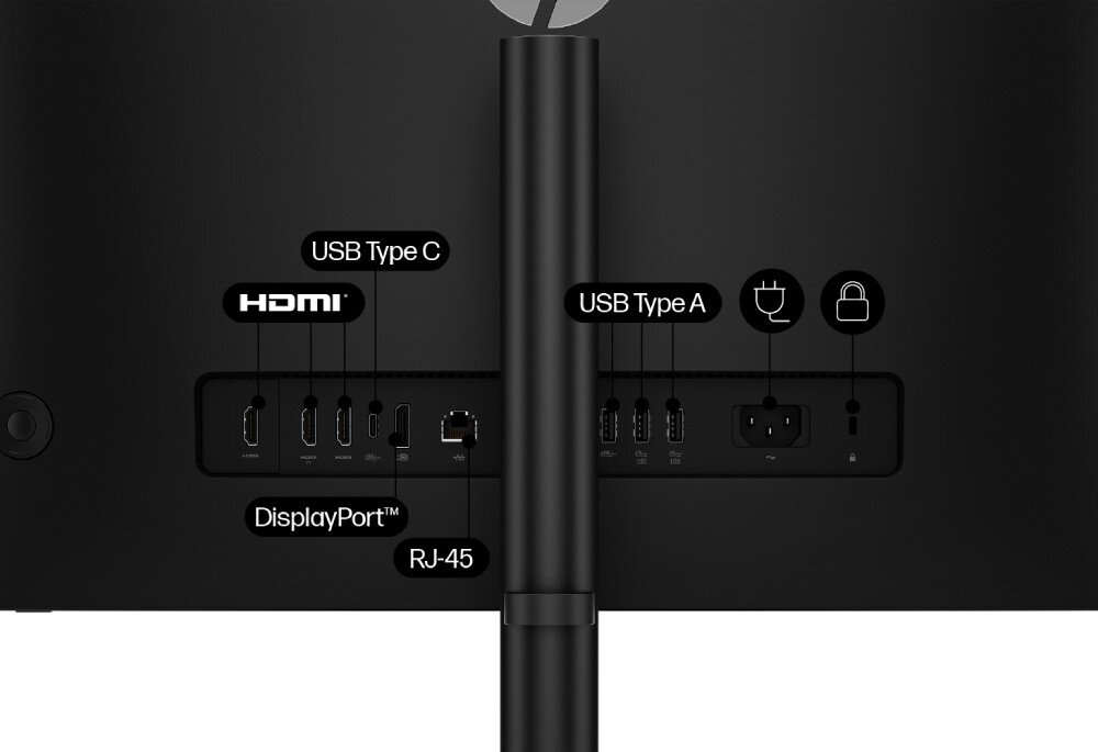 Komputer All in One HP ProStudio 4 G1i Widok na tylny panel obudowy komputera z widocznymi portami komunikacyjnymi. Czarne napisy z liniami wskazują poszczególne złącza, porty, złącza