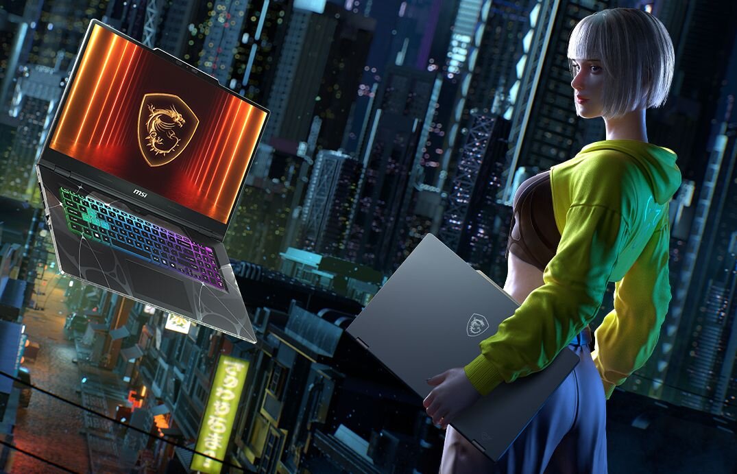 Laptop MSI Cyborg unosi się w futurystycznym mieście nocą, podkreślając gamingowy design i mobilną rozrywkę.