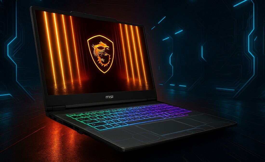 Laptop MSI Cyborg z podświetlaną klawiaturą RGB wyświetla logo producenta na futurystycznym, ciemnym tle - opis serii Cyborg.