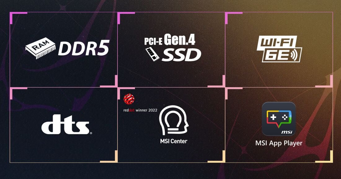 Ikony DDR5, Wi‑Fi 6E i PCIe Gen4 SSD ilustrują nowoczesne technologie laptopa MSI Cyborg - .