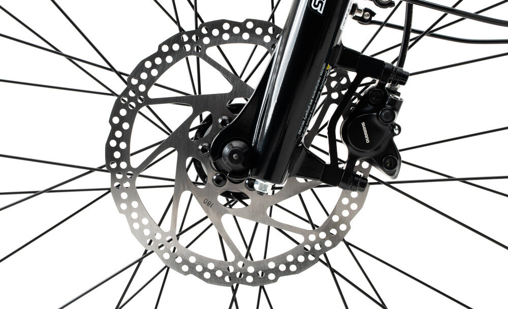 Rower elektryczny INDIANA E-MTB 4.0 U21 29 cali Zielono-czarny zbliżenie na tarczę hamulcową podstawa bezpieczeństwa hamulce tarczowe hydrauliczne duża siła hamowania do jazy w każdych warunkach pogodowych i na każdej trasie płyn hamulcowy hamulce z przodu i z tyłu podwójny pakiet bezpieczeństwa