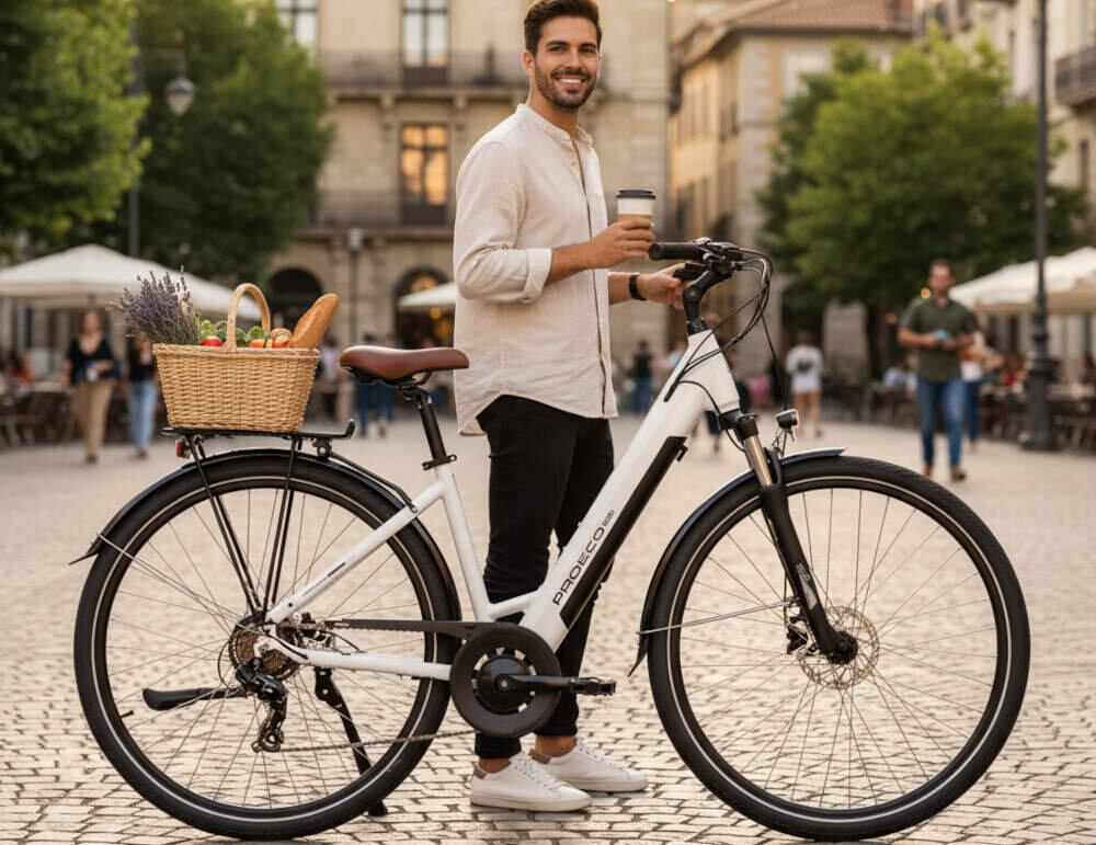 Mężczyzna stoi obok białego roweru elektrycznego z napisem \'PROECO\' na ramie. Na bagażniku roweru znajduje się kosz z kwiatami i pieczywem.