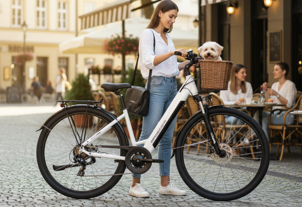 Kobieta stoi obok białego roweru elektrycznego z napisem \'PROECO\', a w koszyku na kierownicy siedzi mały pies. W tle widoczne są osoby siedzące przy stolikach na zewnątrz kawiarni.