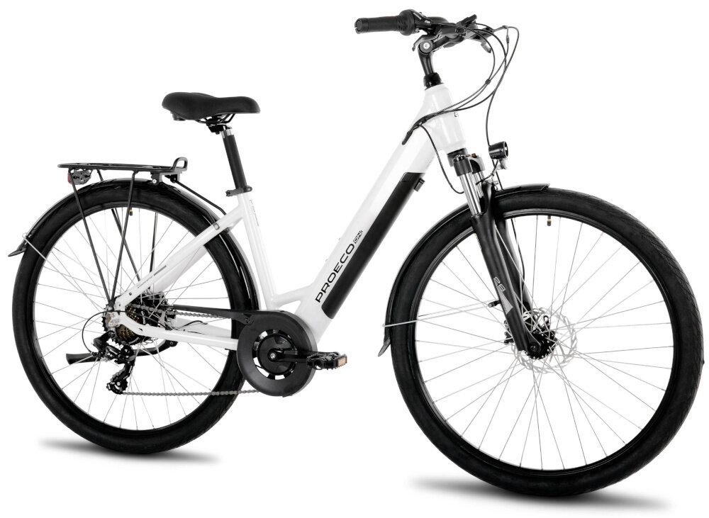 Rower elektryczny PROECO Wave AN 1.0 M19 28 cali Biały rower na białym tle widoczny od przodu pod skosem męski rower elektryczny środek codziennego transportu do weekendowych przejażdżek wymaga również pracy mięśni nóg elektryczny układ napędowy wspomaga rowerzystę