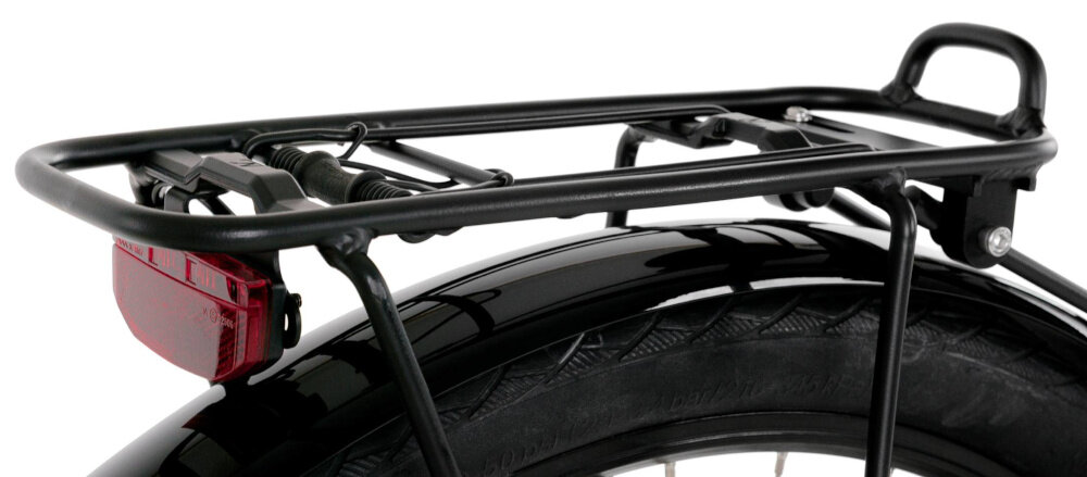 Rower elektryczny PROECO Wave AN 1.0 M19 28 cali Biały zbliżenie na bagażnik widoczne tylne światło bagażnik bezpieczne i wygodne przewożenie rzeczy składana stopka w centralnym punkcie ciężkości