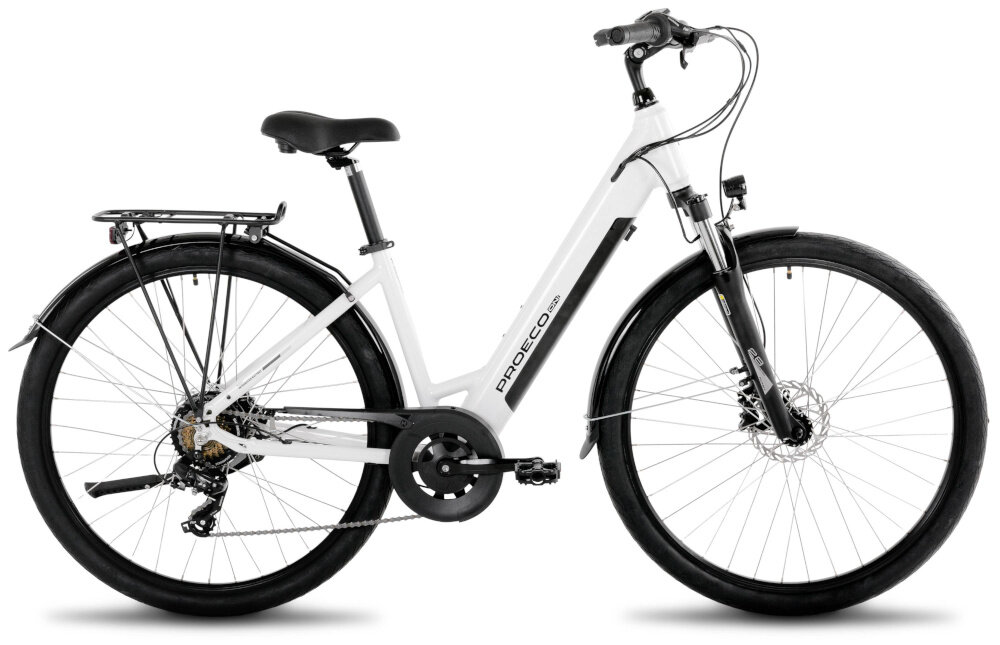 Rower elektryczny PROECO Wave AN 1.0 M19 28 cali Biały rower na białym tle widoczny z boku komfort jazdy odpowiednia kontrola nad rowerem 19-calowa aluminiowa ramę rower jest zwinny lekki łatwo go podnieść odporny na korozję wybór rozmiaru ramy Twój wzrost mierzony w zrelaksowanej pozycji typ roweru