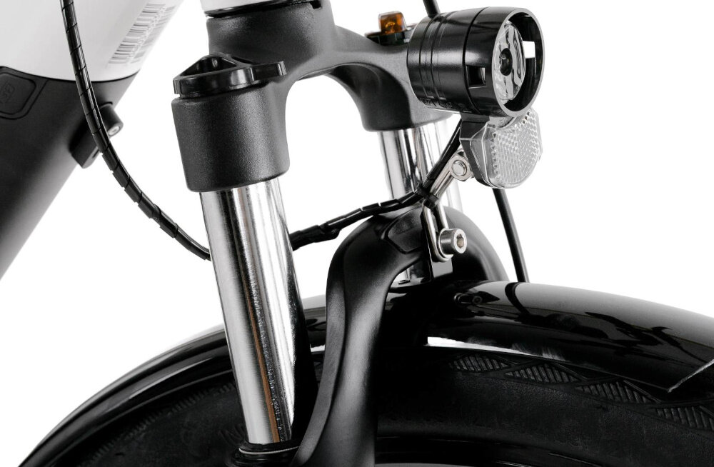 Rower elektryczny PROECO Wave AN 1.0 M19 28 cali Biały zbliżenie na amortyzator białe tło rower typu hardtail przedni amortyzator marki MODE typu MD-689 skuteczne tłumienie drgań komfort i stabilność prowadzenia prosta konstrukcja wygoda bezpieczeństwo