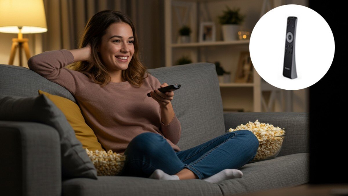 Soundbar SHARP HT-SBW123 sterowanie HDMI ARC i pilot, osoba siedząca na kanapie z pilotem w ręku