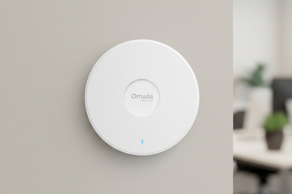 Na ścianie zamontowany jest biały, okrągły punkt dostępu z napisem \'Omada by TP-LINK\'.