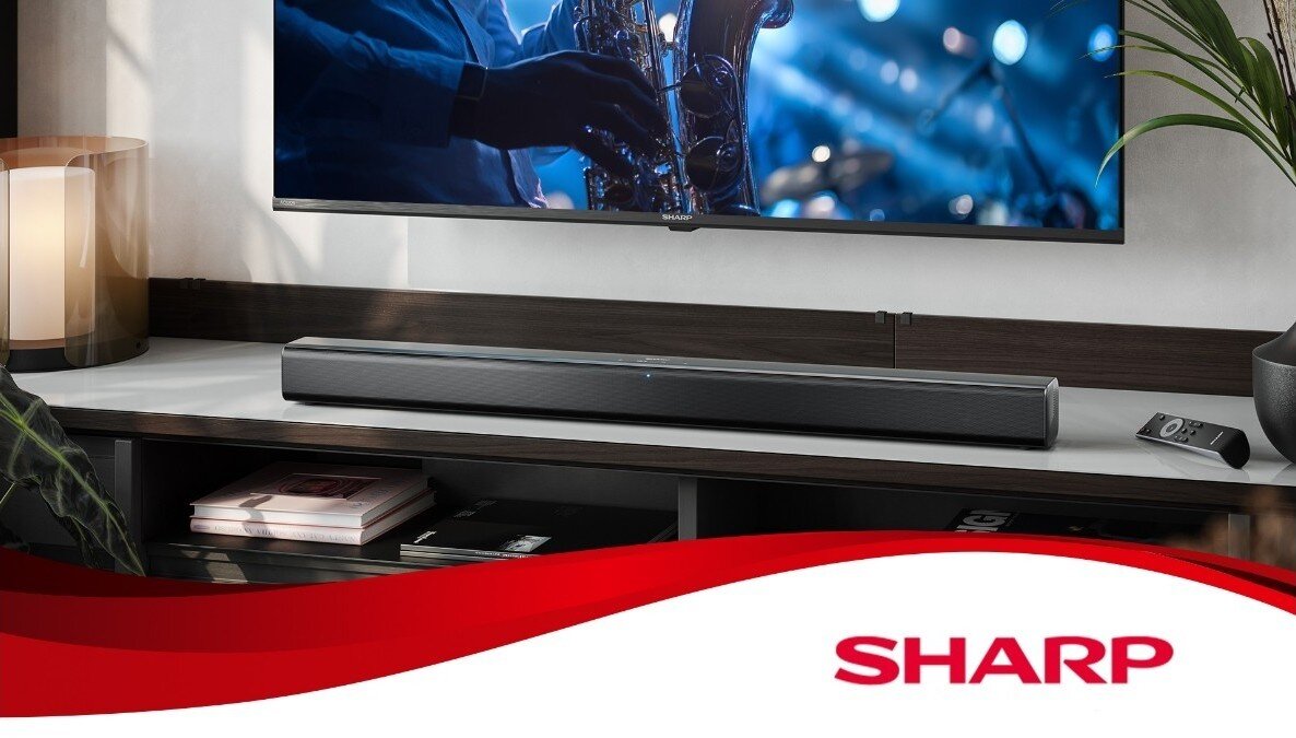 Soundbar SHARP HT-SB146 wysokiej jakości dźwięk, głębokie tony, kompaktowa obudowa, soundbar stojący na szafce pod telewizorem