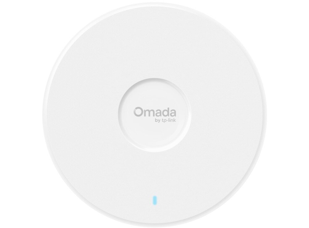 TP-LINK Omada EAP787 Okrągłe urządzenie sieciowe widoczne od przodu z centralnym logo Omada by tp-link i jedną diodą LED na dole na białym tle