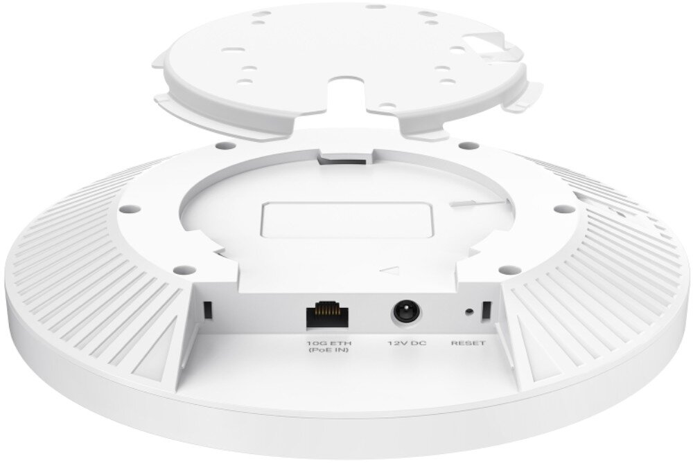 TP-LINK Omada EAP787 Spód urządzenia sieciowego z widocznymi portami: Ethernet 10G, zasilania 12V DC i przyciskiem reset oraz oddzielnym elementem montażowym na białym tle