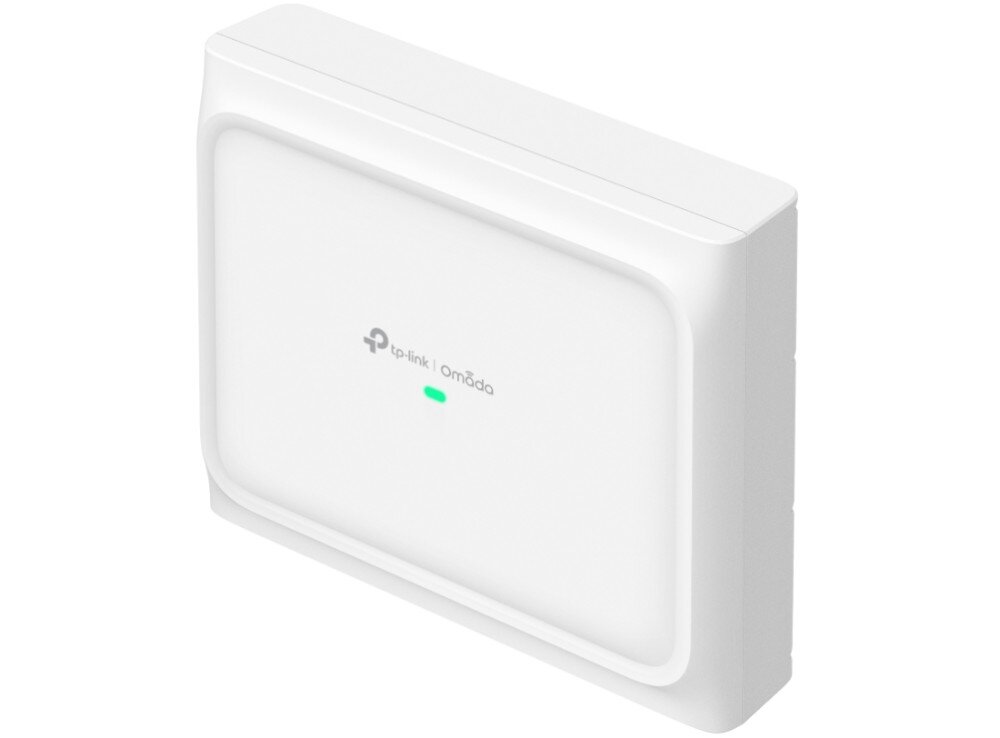 Biały, prostokątny punkt dostępu z logo \'tp-link Omada\' i zieloną diodą na przedniej stronie.