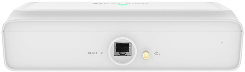 Biały punkt dostępu z widocznym portem Ethernet, przyciskiem reset i ikoną sygnalizującą połączenie. Na górze urządzenia znajduje się logo TP-LINK.