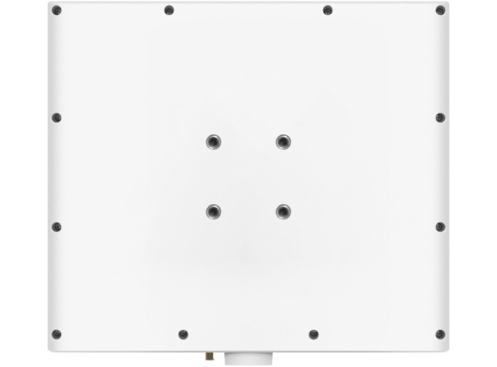 Biały, kwadratowy panel z widocznymi czterema otworami montażowymi pośrodku i kilkunastoma śrubami rozmieszczonymi wokół krawędzi.